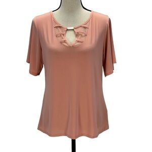 NY Collection Short Flutter Sleeve Mesh Neck Metal Detail Top  - Pink - size PL